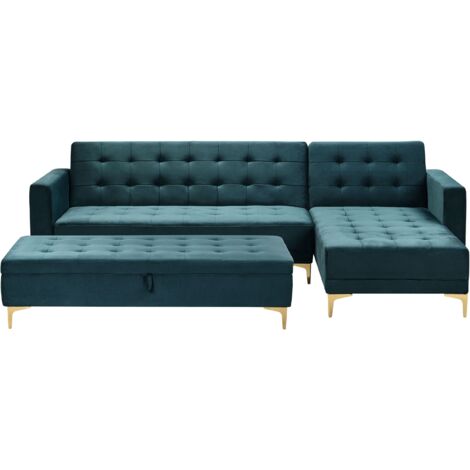 Modular Left Hand L-Shaped Sofa Bed Storage Ottoman Teal Velvet Tufted ...