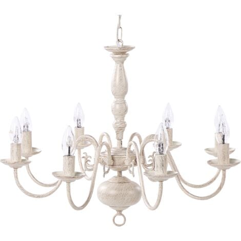 Chandelier 8 Light Candle Bulbs Vintage Style Off White Finish Brithon