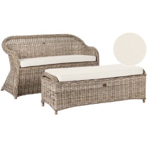 Garden Bench with Cushion SUSUA 150 cm with Ottoman Rattan Natural (1/5)
