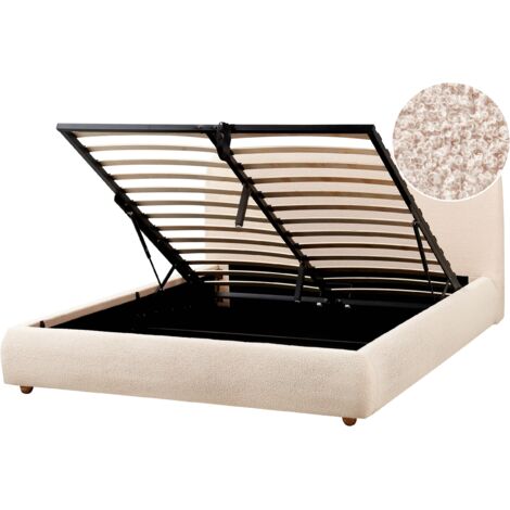 Minimalist Storage Ottoman Bed EU King Size 5ft3 Boucle Modern Light Beige Blagnac