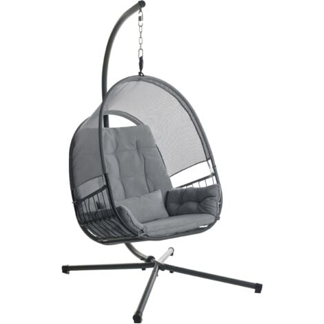 Hanging Swing Chair Boho Modern Rope Metal Stand Chain Soft Cushion Dark Grey Alviano