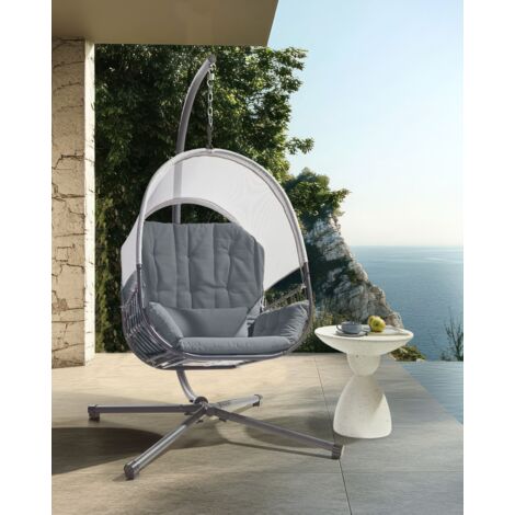 Hanging Swing Chair Boho Modern Rope Metal Stand Chain Soft Cushion Dark Grey Alviano