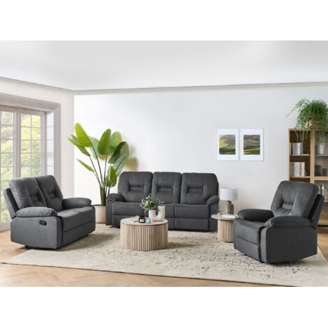 Manual Recliner Living Room Set 6 Seater BERGEN II Fabric Dark Grey