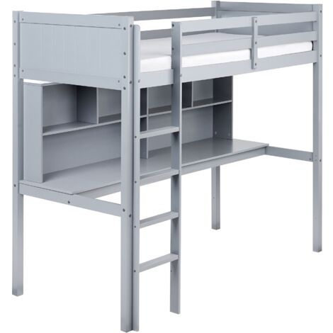 High Sleeper Bed with Desk Pine Wood FOUCAMONT 90 x 200 cm (EU Single) Grey