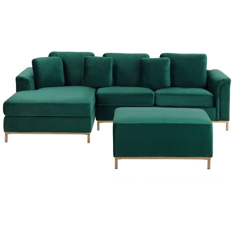 Emerald Green Velvet Sectional Sofa with Ottoman Gold Legs Right Hand Oslo