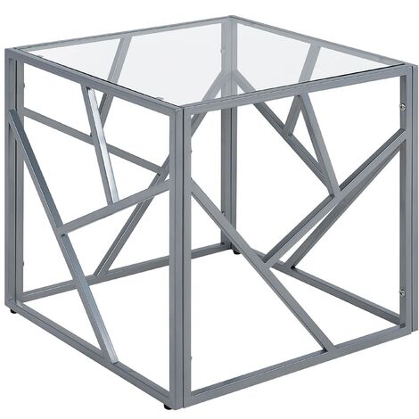 Modern Contemporary Side Table Metal Open Frame Glass Top Silver 50 x 50 cm Orland