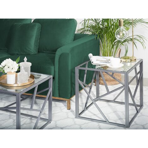 Modern Contemporary Side Table Metal Open Frame Glass Top Silver 50 x 50 cm Orland