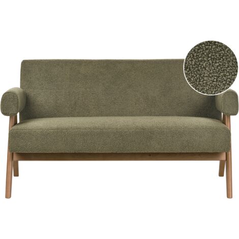 2 Seater Sofa Retro Living Room Boucle Upholstery Wooden Legs Green and Dark Brown Tamre
