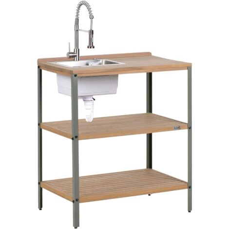 Outdoor Kitchen Island with Sink IVREA Certified Acacia Wood Brown/ Silver (1/5)