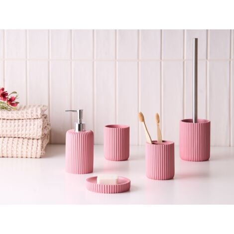 5-Pieces Bathroom Accessories Set Soap Dish Soap Dispenser Toilet Brush Tumbler Toohtbrush Holder Pink Camana