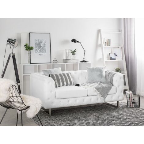 2 Seater Sofa Faux Leather Button Tufting Chesterfield Style White Vissland