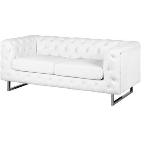 2 Seater Sofa Faux Leather Button Tufting Chesterfield Style White Vissland