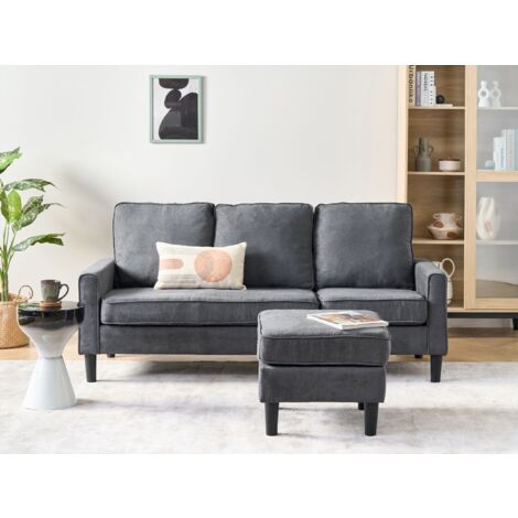Mid-Century Transitional 3 Seater Dark Grey Fabric Sofa with Ottoman Avesta