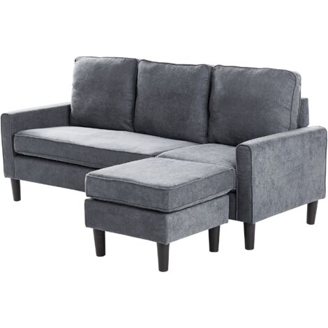 Mid-Century Transitional 3 Seater Dark Grey Fabric Sofa with Ottoman Avesta