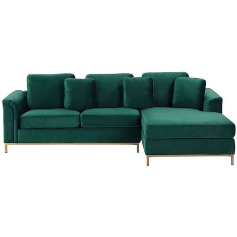 Modern Emerald Green Velvet Couch Corner Sofa Gold Legs Left Hand Oslo