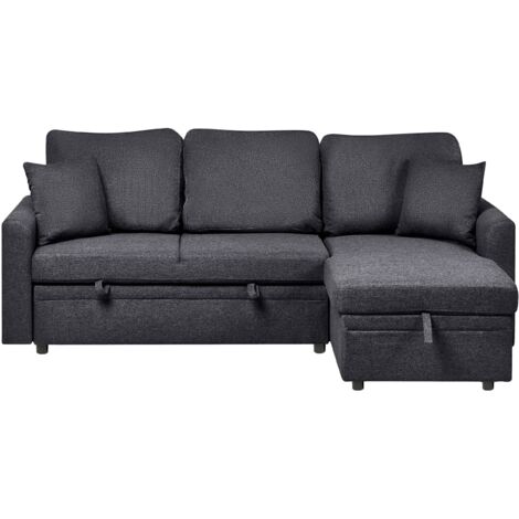 Corner Sofa Bed 3 Seater NASSJO Faux Linen Black Left Hand
