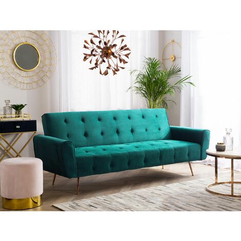 Modern Velvet Sofa Bed Convertible Sleeper Tufted with Side Pocket Metal Copper Legs Green Selnes
