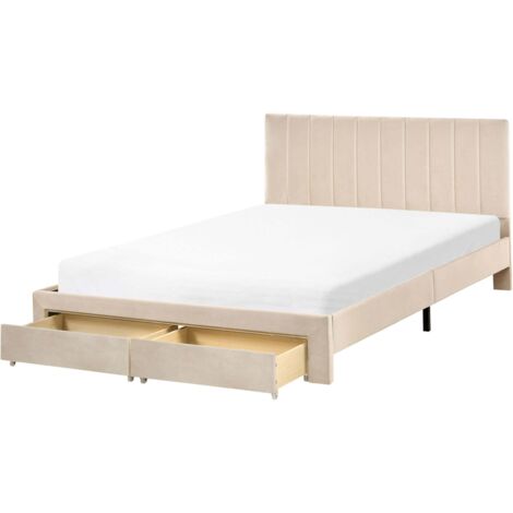 Bed with Storage Drawers Velvet LONZAC 140 x 200 cm (EU Double) Beige (1/5)