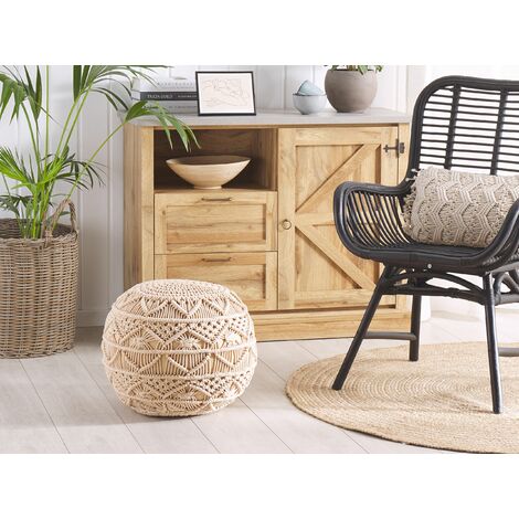 Pouffe Beige Boho Knitted Round Cotton Ottoman 40 x 40 cm Kayseri
