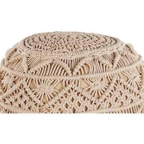 Pouffe Beige Boho Knitted Round Cotton Ottoman 40 x 40 cm Kayseri