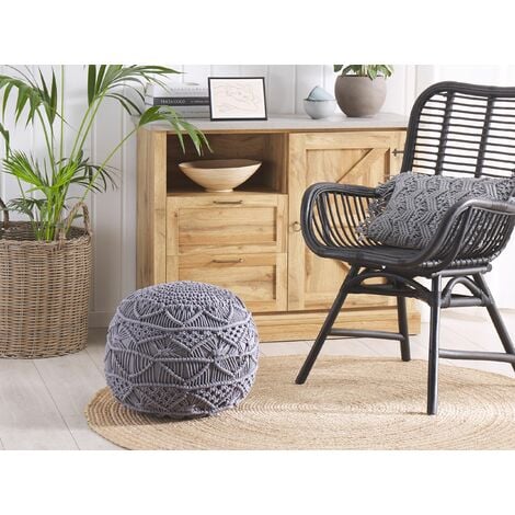 Pouffe Grey Boho Knitted Round Cotton Ottoman 40 x 40 cm Kayseri