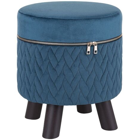 Modern Velvet Footstool with Zipper Wooden Legs Pouffe Brown Dark Blue Appie - Blue