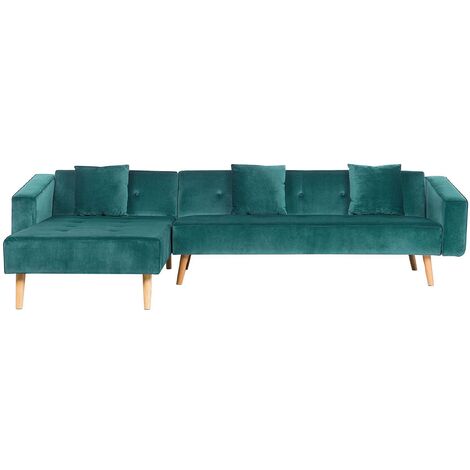 Velvet Right Hand Corner Sofa Bed Green Buttoned Sleeper Vadso
