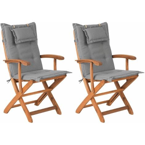 Set of 2 Wooden Garden Folding Chairs Outdoor Dining Grey Cushion Maui
