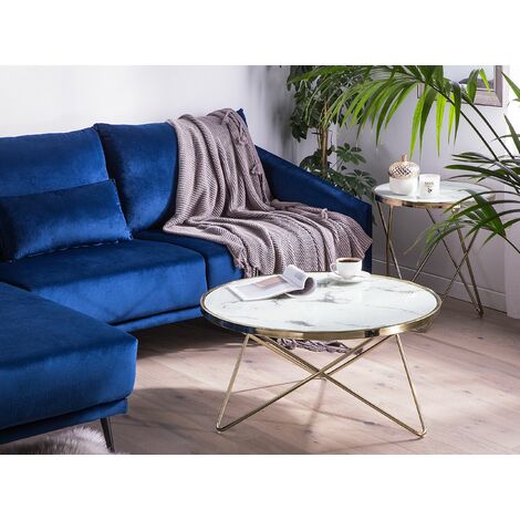 Coffee Table Hairpin Legs Tempered Glass Round Top Marble Effect White ø 80 cm Meridian