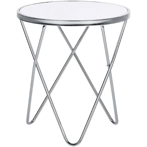 Side Table Hairpin Legs Tempered Glass Round Top White with Silver Legs ø 50 cm Meridian