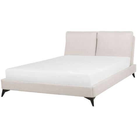 Modern Chenille EU Double Size Bed Frame 4ft6 Beige Slatted Base Melle