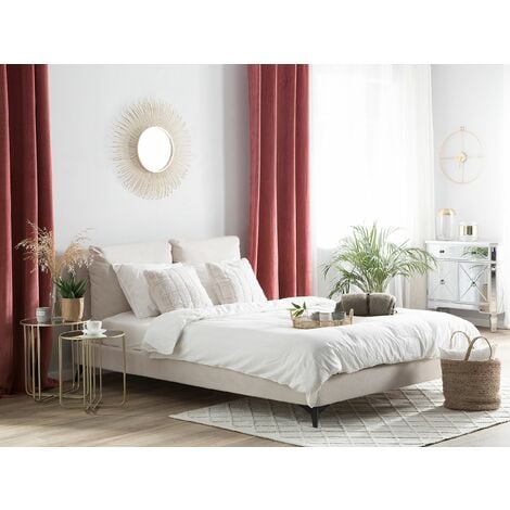 Modern Chenille EU Double Size Bed Frame 4ft6 Beige Slatted Base Melle