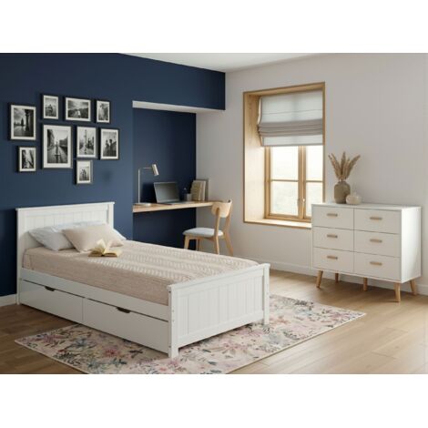 Bed Frame White Pine Wood MDF EU Single Size 3ft Headboard with Drawers ...