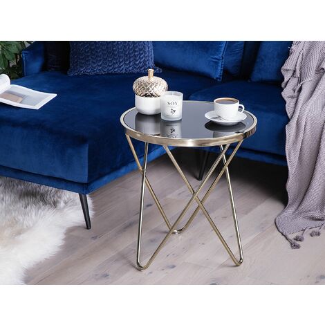 Side Table Hairpin Legs Tempered Glass Round Top Black with Gold Legs ø 50 cm Meridian