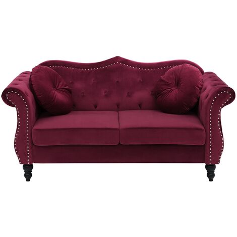 Glam Living Room 2 Seater Velvet Sofa Nailhead Trim Button Tufted Dark Red Skien