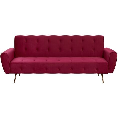 Modern Velvet Sofa Bed Dark Red Convertible Sleeper Tufted Metal Copper Legs Selnes