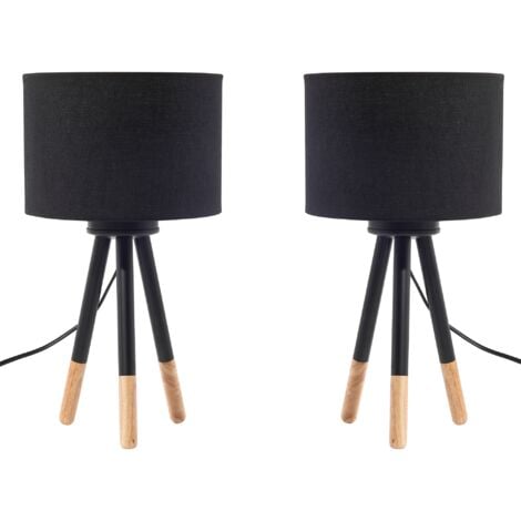 Set of 2 Modern Scandinavian Tripod Wooden Table Lamps Black Fabric Shade Tobol