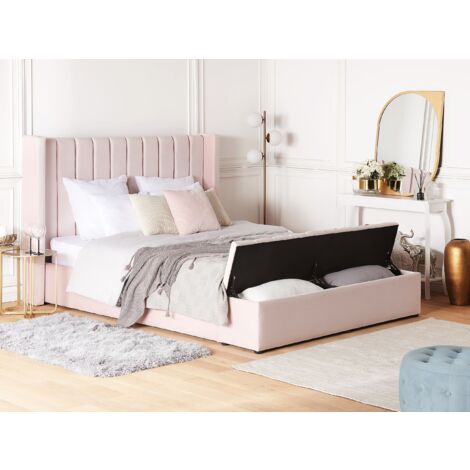 Velvet EU King Size Bed Frame Tufted 5ft3 Storage Bench Pastel Pink Noyers