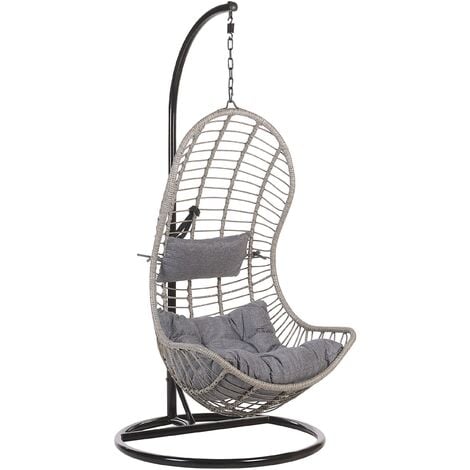 Boho Rattan Hanging Chair Metal Base Indoor-Outdoor Curved Shape Grey Pineto - Grey