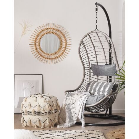 Boho Rattan Hanging Chair Metal Base Indoor-Outdoor Curved Shape Grey Pineto