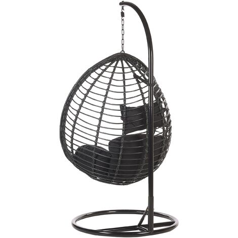 Boho Black Rattan Hanging Chair with Base Indoor-Outdoor Wicker Egg Shape  Tollo