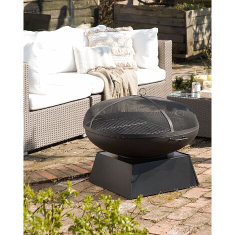 Outdoor Fire Pit Steel Square Base Black BBQ Round Semeru