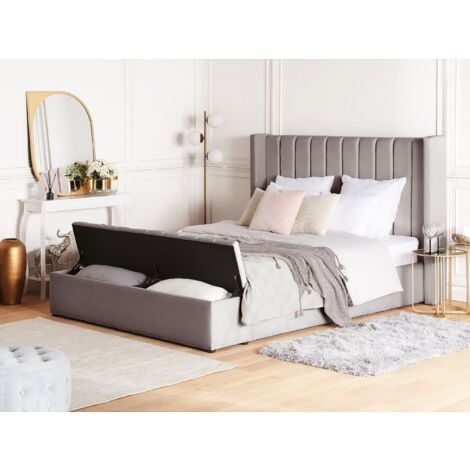 Velvet EU King Size Bed Frame Tufted 5ft3 Storage Bench Grey Noyers
