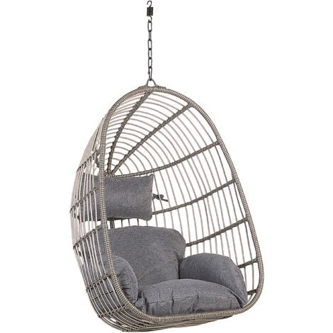 Boho Grey Rattan Hanging Chair without Stand Indoor-Outdoor Wicker Egg Shape Casoli - Grey