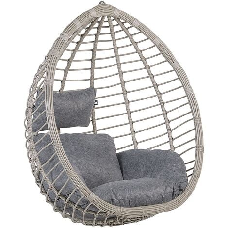 Boho Grey Rattan Hanging Chair no Stand Indoor-Outdoor Wicker Egg Shape Tollo - Grey