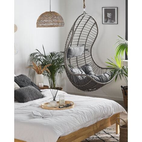Boho Rattan Hanging Chair without Stand Indoor-Outdoor Wicker Curved Grey Pineto