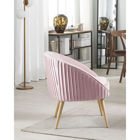Retro Velvet Armchair Pink Recessed Arms Solid Wood Legs Tromso