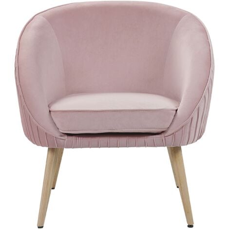 Retro Velvet Armchair Pink Recessed Arms Solid Wood Legs Tromso