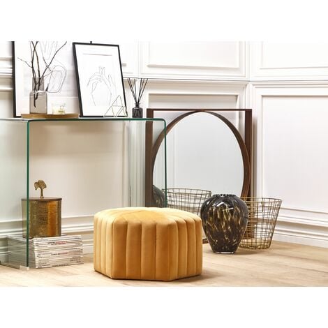 Modern Velvet Accent Pouffe Upholstered Hexagonal Footstool Yellow Murietta