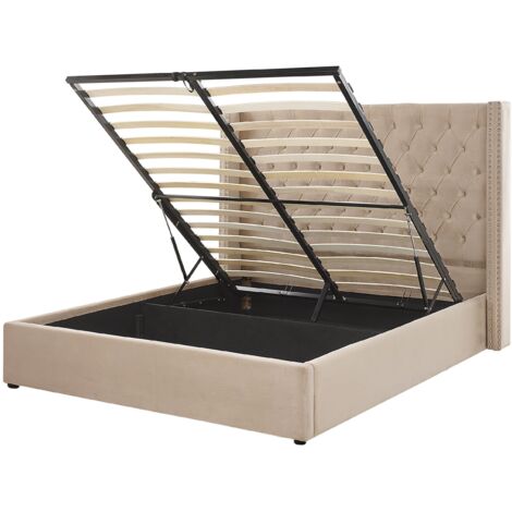 Ottoman Bed Velvet LUBBON 160 x 200 cm (EU King Size) Beige